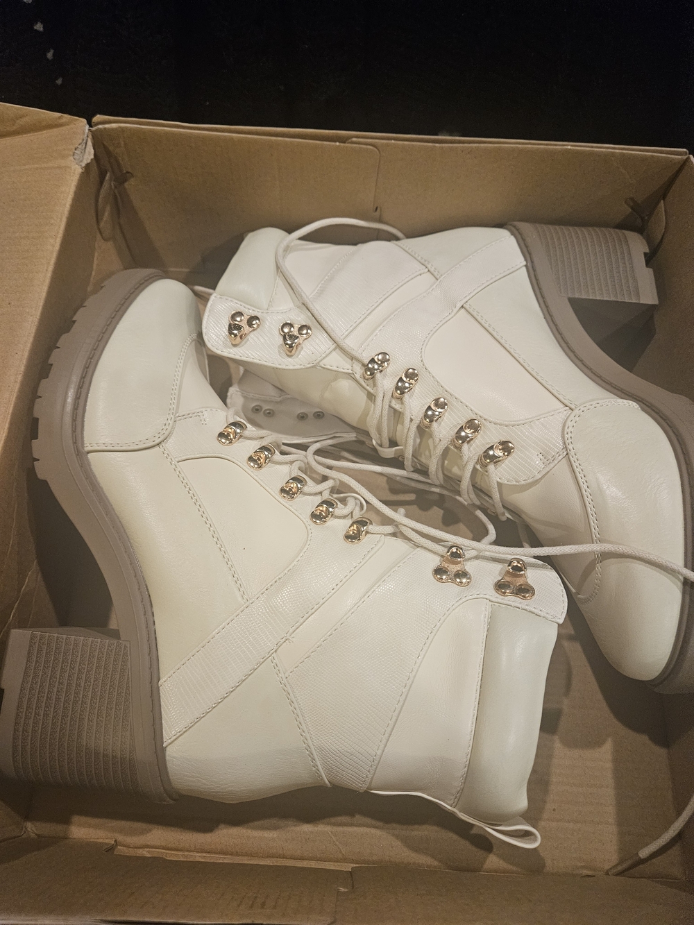 JustFab Cream Lace-Up Ankle Boots with Gold Hardware
